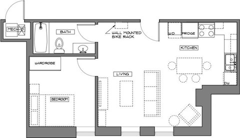 Floor plan for 1 bed, 1 bath, 520 sqft